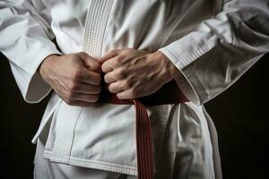 hombre en kimono con rojo cinturón en marcial letras capacitación, combatiente apretar kárate cinturón, parte superior sección recortado, ai generado foto