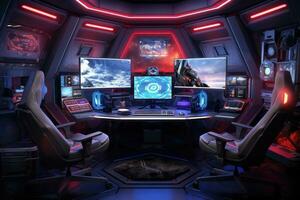 control room with many monitors and screens in front of the screen. 3d rendering, Futuristic gaming room with a lot of gaming equipment. 3d rendering, AI Generated photo