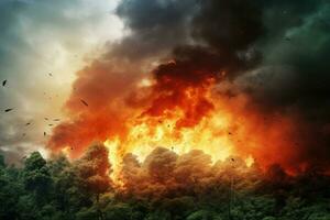 Forest fire with smoke and flames on dark sky background. Natural disaster, Forest fire natural disaster concept, burning fire in the trees on India flag background, AI Generated photo