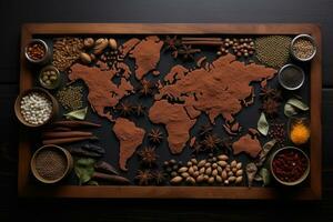 spices and herbs in wooden box on dark wooden background, top view, Follow the spice trails with a map highlighting the origins of aromatic treasures from around the world,  AI Generated photo