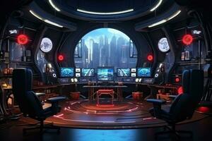 Spaceship interior with control room and TV screens. 3D rendering, Futuristic gaming room with a lot of gaming equipment. 3d rendering, AI Generated photo