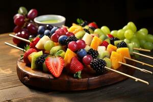 Fruta brochetas en un de madera tablero en un oscuro fondo, Fruta brochetas en un de madera mesa. Fresco frutas y bayas, ai generado foto