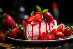 Strawberry cheesecake with fresh strawberries on a black background, Unveil the culinary artistry with macro food photography, capturing mouth-watering details and inviting appreciation, AI Generated photo