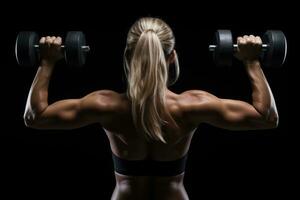 Muscular young woman with dumbbells on a black background, Fitness girl exercising with dumbbells on a Black background, top section cropped, no face revealed, rear view, AI Generated photo