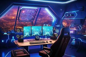 Spaceship interior with a view of the city. 3D rendering, Futuristic gaming room with a lot of gaming equipment. 3d rendering, AI Generated photo