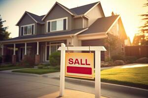 House with sale sign in front of new home. Real estate concept, For Sale Real Estate Sign in Front of New House. Real Estate Business Concept, AI Generated photo