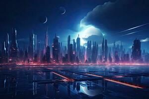 Futuristic city at night with full moon. 3d rendering, Futuristic city at night, 3D rendering. Computer digital drawing, AI Generated photo