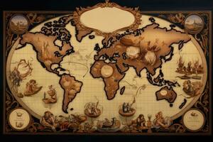 Old map of the world on a dark background. Vintage style, Follow the spice trails with a map highlighting the origins of aromatic treasures from around the world, showcasing cultural, AI Generated photo