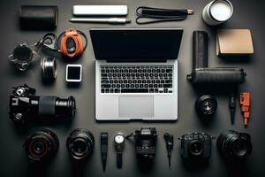 Flat lay photo of photographer equipment and laptop on black background, Flat lay of photographer's desk with laptop, camera and accessories, AI Generated