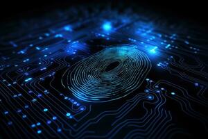 Fingerprint scan on the electronic circuit board. 3d rendering, Fingerprint scan provides security access with biometrics identification, AI Generated photo