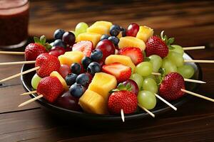 Fresh fruit salad on skewers on wooden table, close-up, Fruit skewers on a wooden table. Fresh fruits and berries, AI Generated photo