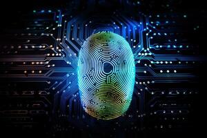 Fingerprint on electronic circuit board. Biometric security concept. 3D Rendering, Fingerprint scan provides security access with biometrics identification, AI Generated photo