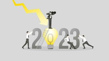 Global recession in the year 2023. A vision businessman uses binoculars on big light bulb with a team vector