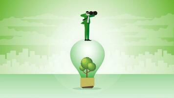 A visionary businessman uses binoculars on a tree lightbulb in the city. vector