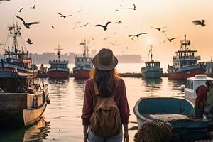 Beautiful asian woman traveler with hat looking to seagulls and fishing boats in the sea, Female tourist standing in front of the Zhengbin Fishing Port and enjoying the view, rear view, AI Generated photo