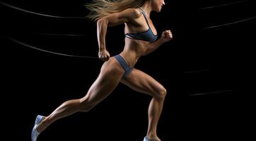 Portrait of a beautiful athletic woman running isolated on a black background, Fitness girl exercising with dumbbells on a Black background, top section cropped, no face revealed, AI Generated photo