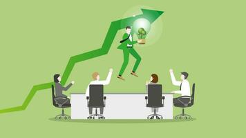 A businessman hangs a rising arrow with tree lightbulb at teamwork meeting. vector