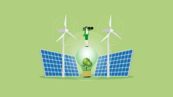 Vision businesswoman uses binoculars on a tree light bulb, wind turbine generator power, and solar cells panel. vector