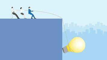 Leader businessman and teamwork pull a rope big light bulb from falling down vector