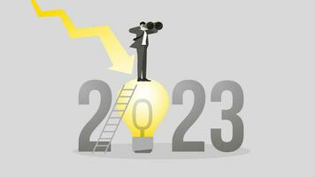 The global recession in the year 2023. A visionary businessman uses binoculars on a big light bulb vector