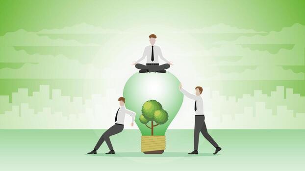 un calma empresario se sienta y medita en un árbol bombilla con equipo apoyo. vector