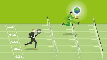 A businessman holds the world light bulb, runs and jumps over obstacles on a racetrack. vector