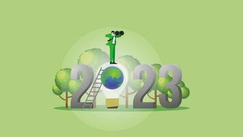 Vision businessman uses binoculars on 2023 and the world light bulb. vector