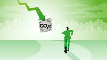 A back view of a businessman runs aim to target goal. CO2e graph down. vector