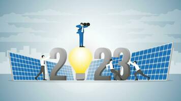 Vision businessman uses binoculars on 2023 light bulb powered by solar cells with team support. vector