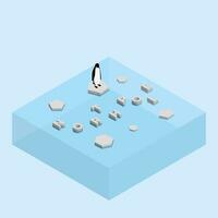 Penguin on floating ice sheet and a text word NORTH POLE. Global warming and ice melting concept of sea level rise, global flood vector