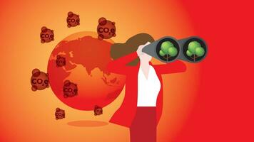 A businesswoman uses binoculars to find a tree for a red, hot earth with CO2e. vector