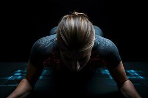 Female athlete doing push-ups against black background with vignette, Fitness girl rear view with arms stretched out, detailed muscles, AI Generated photo