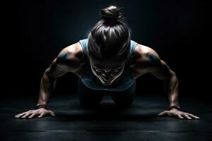 Young woman doing push-ups on a dark background. Studio shot, Fitness girl rear view with arms stretched out, detailed muscles, AI Generated photo