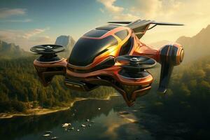 drone flying over the mountain river. 3d render illustration, Flying cars of the future , AI Generated photo