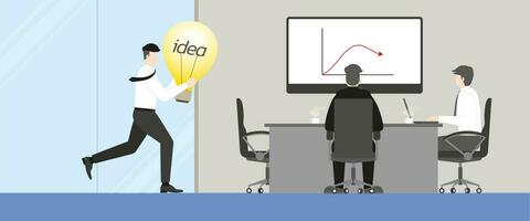 Business idea and hustle lifestyle concept. An employee running to an office meeting room with a light bulb vector