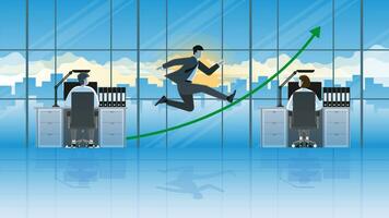 appy businessman as team leader jump in office working room with teamwork employees and green graph arrow up statistics. vector