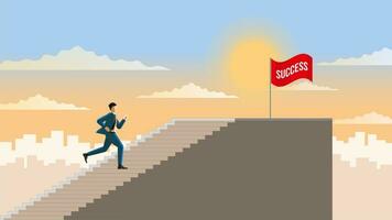 The first businessman runs and steps up to the top stair with the goal vector