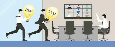 manager businessman and employee run to meeting room with a light bulb vector