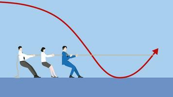 business team with a leader pulling a tug of war to change graph direction vector