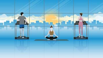 A calm yoga woman sits and meditates in a fitness center between runners on a treadmill vector