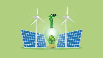 Vision businessman uses binoculars on a tree light bulb, wind turbine generator power, and solar cells panel. vector