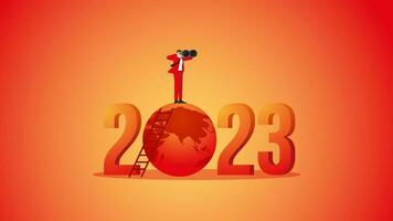 Red hot world and a visonary man with binoculars on number 2023. vector