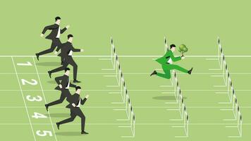 A leader businessman with a tree and competitors are run and jump over obstacles in race. vector