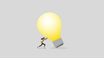 businesswoman pushes the big light bulb. vector