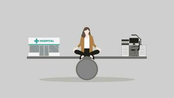 A meditation woman sits and thinks at center of a seesaw beam between a doctor with a hospital and working desk vector