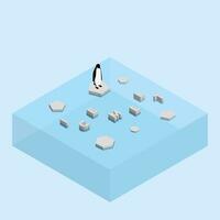 Penguin on a floating glacier text word ICE MELT. Global warming and ice melting concept of sea level rise vector