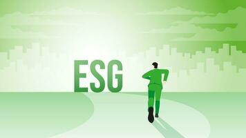 A back view of a businessman runs aim to a target goal. ESG text in a city. vector