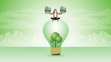 A businesswoman sits and holds CO2e gas on a tree lightbulb. vector