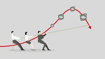 Business team pulls a rope to change a graph of CO2e direction. vector