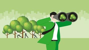A businessman uses binoculars to find a tree with teamwork support. vector